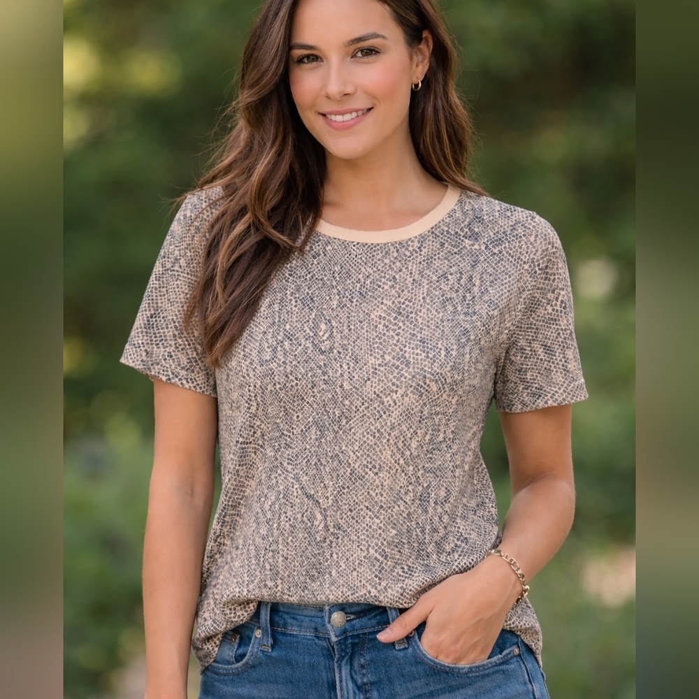 C&C California Beige Snake-Print Short Sleeve Crew Tee